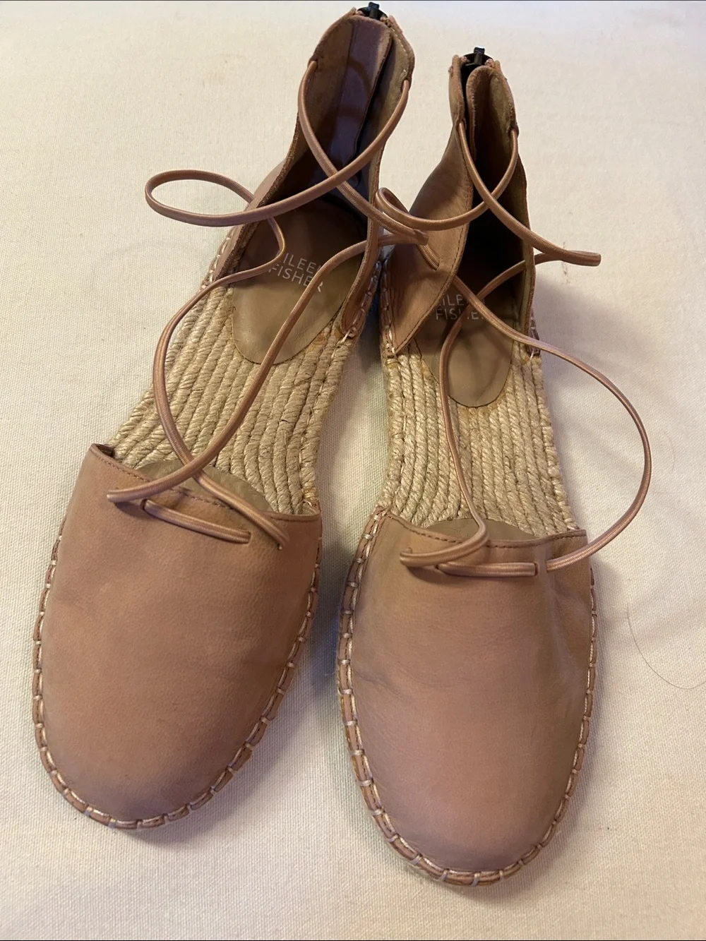 Eileen Fisher Tan Leather Espadrille Lace-Up Flats